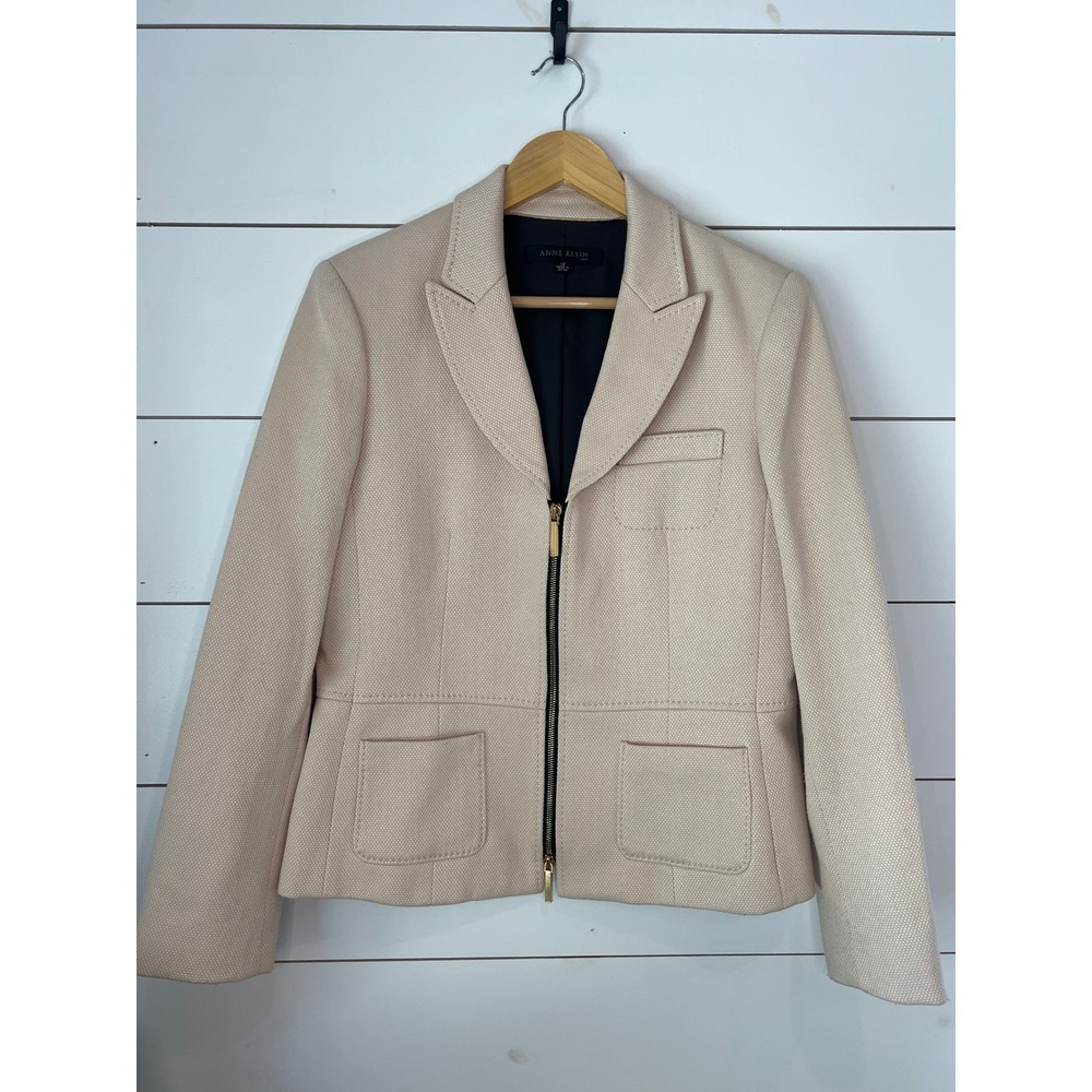 Anne Klein Suit Womens 12 Blazer Jacket Cream Beige Gold Zip Front quiet luxury